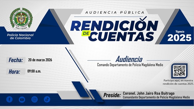 Invitaci&oacute;n a la rendici&oacute;n de cuentas de la Polic&iacute;a Nacional del Departamento de Polic&iacute;a Magdalena Medio que se realizara el 20 de marzo a las 09:00 am         