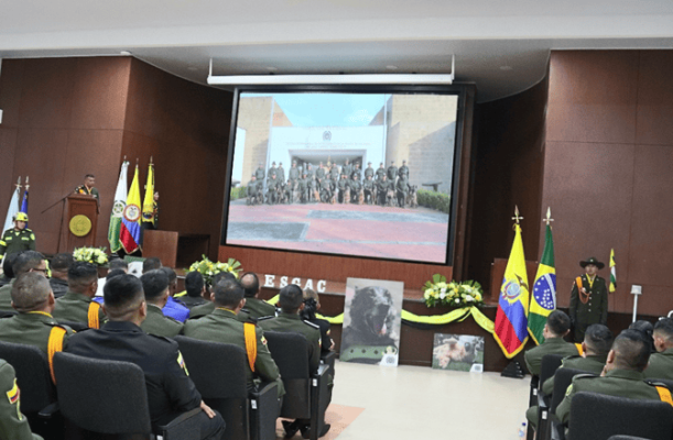 personal uniformado de la policía observando video de la culminación de los programas academicos 