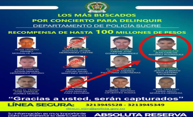 Cartel de los más buscados en Sucre