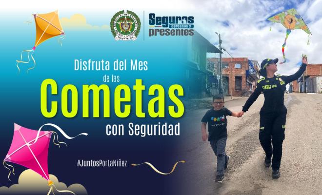 Texto dice disfruta del mes de las cometas con seguridad, en foto una mujer polic&iacute;a corriendo de la mano con un ni&ntilde;o intentando elevar una cometa de color rosado.
