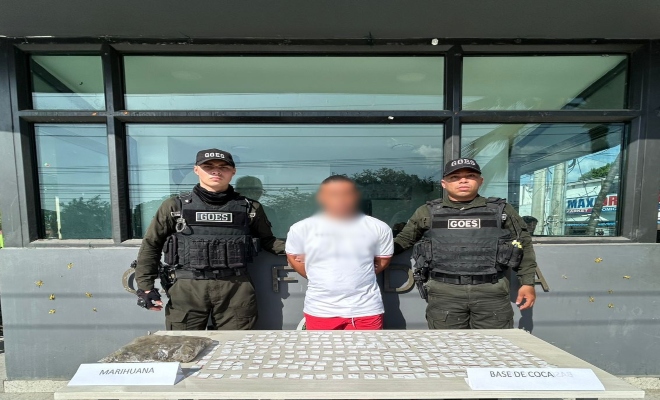 Dos policías, un capturado por el delito de trafico de estupefacientes y elementos incautados